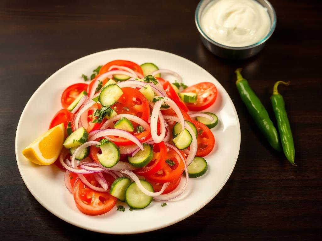 Fresh salad plate with raita and green chilies